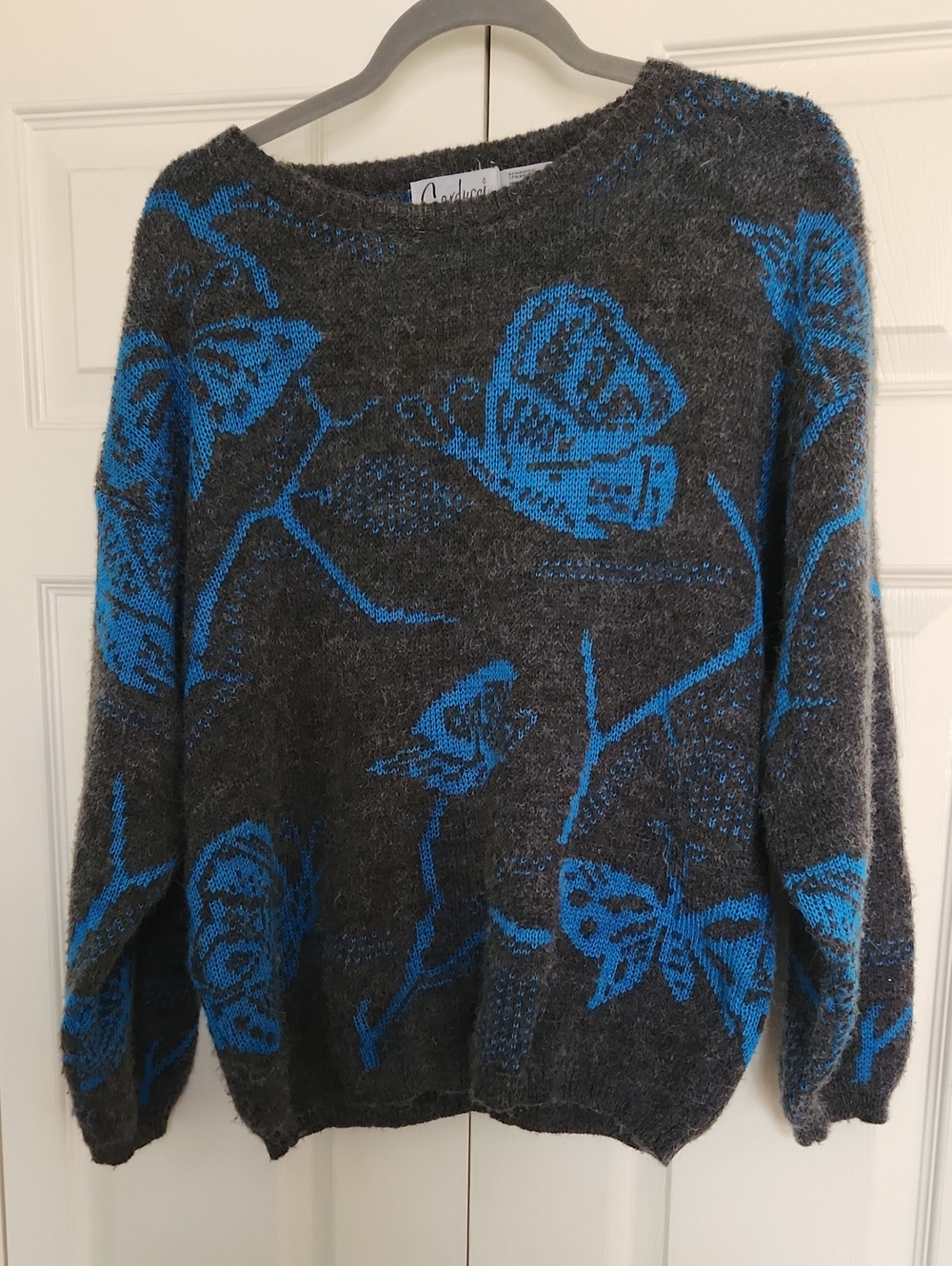 Vintage Charcoal Gray Butterfly Crewneck Sweater with Blue Accents
